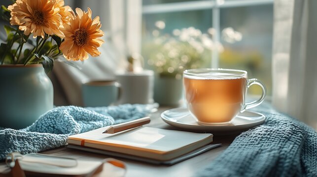 Inspirational minimalist desk with a warm drink elegant notebook and refined pencil