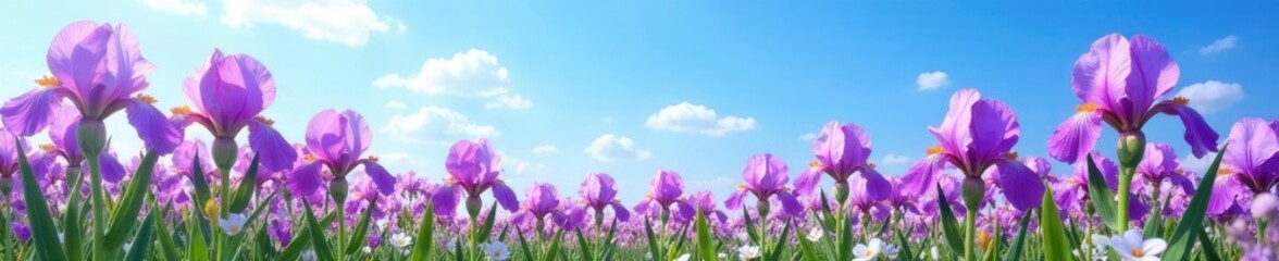 Fototapeta premium Purple irises stretch towards the clear blue sky, wildflowers, petals, flowers
