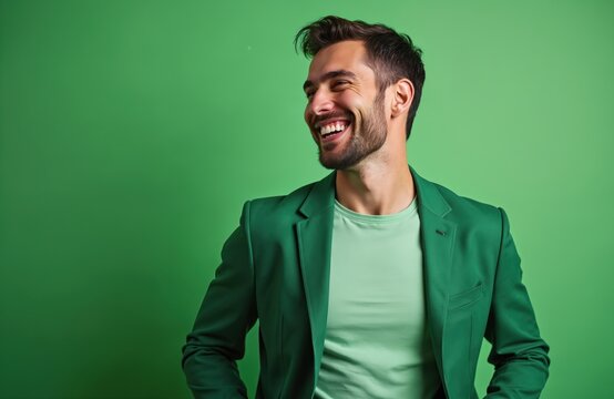 Handsome man smiles, laughs on solid green background. Male model in bright green blazer, light green shirt. Studio shot of cheerful guy with beard, stylish coiffure. Success and confidence.
