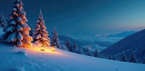 serene snowy hillside with frosty trees and golden lanterns, night sky, golden accents