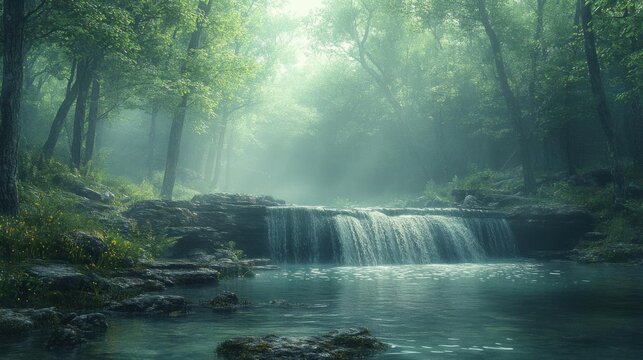 Deep forest waterfall with misty morning in summer season.
