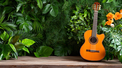 Acoustic Guitar Resting on Rustic Wooden Table Surrounded by Lush Green Plants and Vibrant Orange Flowers