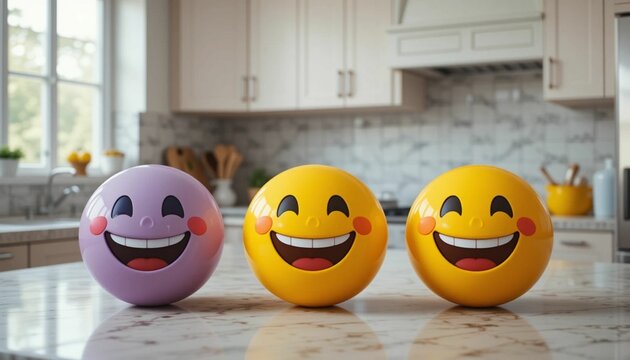 Bright and Playful Cheerful Emoji Balls on Kitchen Counter, smiley face on a wall