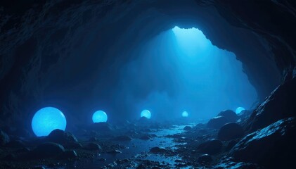 Shimmering blue orbs in a dark and misty cave, subtle gradient, eerie atmosphere