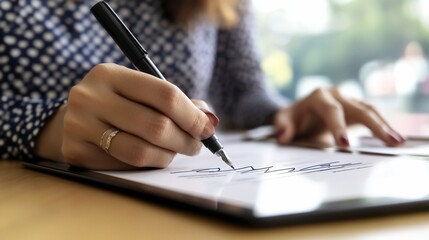 Close-up of woman signing legal document with fountain pen on desk