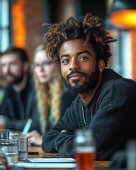Group of diverse individuals engaged in a discussion at a modern caf&eacute; setting with warm lighting
