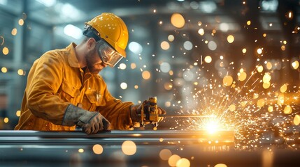 Welding sparks fly as skilled worker engages in metal fabrication industrial workshop action photography dynamic environment close-up viewpoint craftsmanship concept
