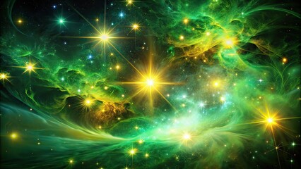 Fototapeta premium Green Gold Nebula, Luminous Tendrils, Star Clusters, Bokeh, Deep Space