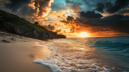 Fototapeta premium Dramatic sunset over tropical beach with waves.