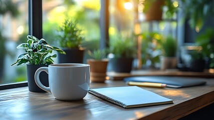 Clean and sophisticated work desk featuring a classic coffee mug well-placed notebook and pen-style pencil