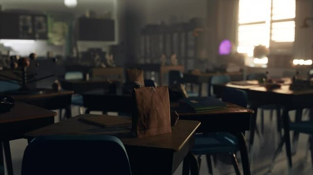 A school classroom laboratory with tables and chairs set up for experiments