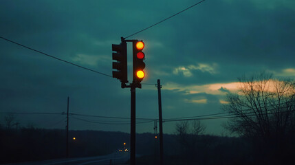Traffic light glows on a road beneath a cloudy evening sky