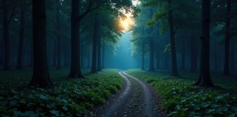 Obraz premium Softly glowing forest path winding through the trees under moonlight, ambiance, natural, scene