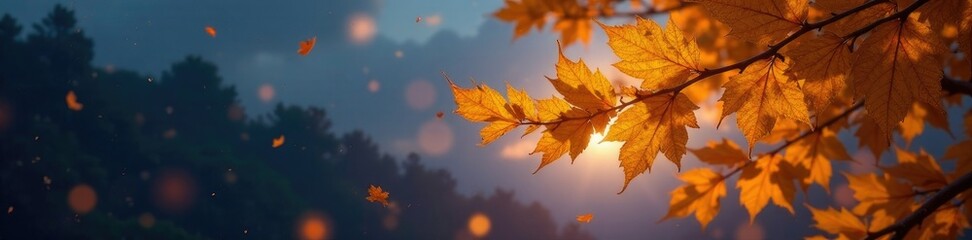 Obraz premium Softly glowing last yellow leaves on treetop branches in the twilight, tree branches, tree tops, twilight hours