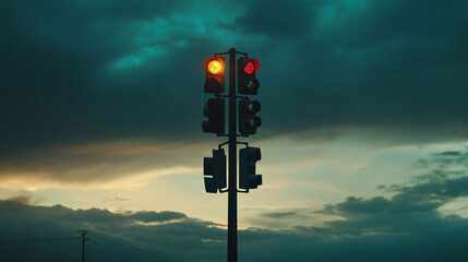The Traffic Light Against A Moody Sky And Cloudy Background