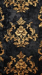 Luxurious golden floral damask pattern on dark velvet texture backdrop