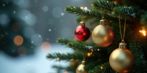 Softly glowing ornaments hang from a living Christmas tree branch, golden baubles, wooden base, winter wonderland