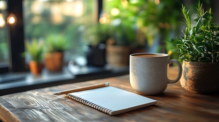 Sleek workspace with a professional coffee mug compact notepad and lightweight pencil