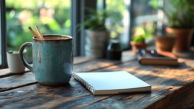 Sleek workspace with a professional coffee mug compact notepad and lightweight pencil