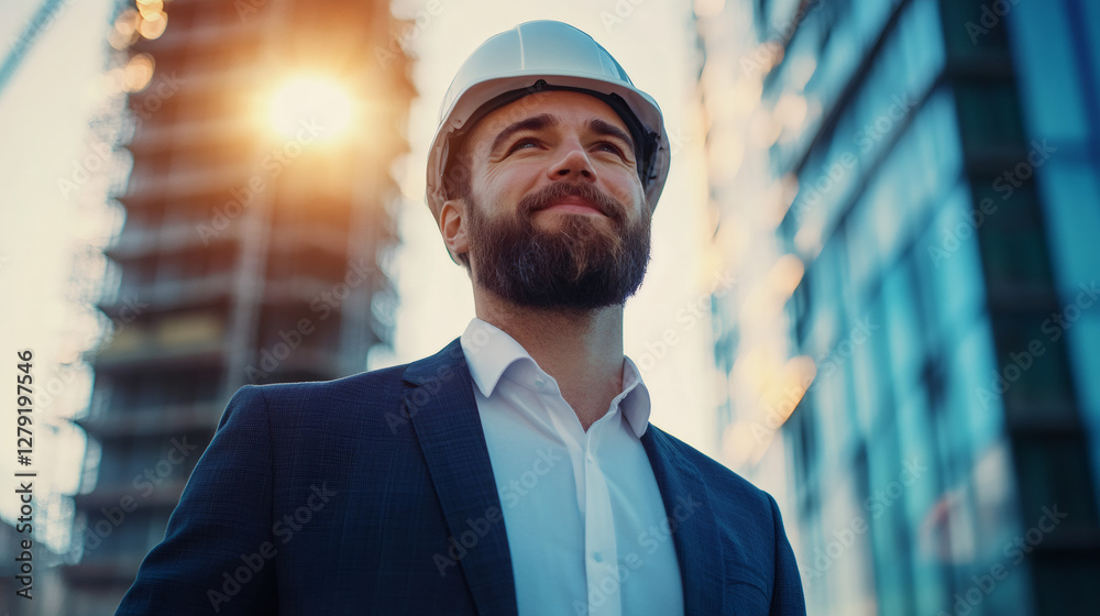 Poster portrait of an engineer wearing suit and hardhat looking up at construction site with lens flare in 