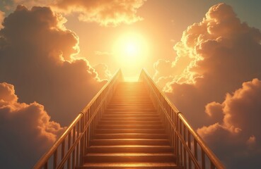 Fototapeta premium Stairway leads up to bright light in cloudy sky. Spiritual path, way to god. Religious themes of faith, hope, belief in future success, achieving dreams. Conceptual heavenly landscape with sun.