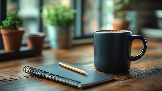 Contemporary workspace featuring a black coffee mug lightweight spiral notebook and writing pencil