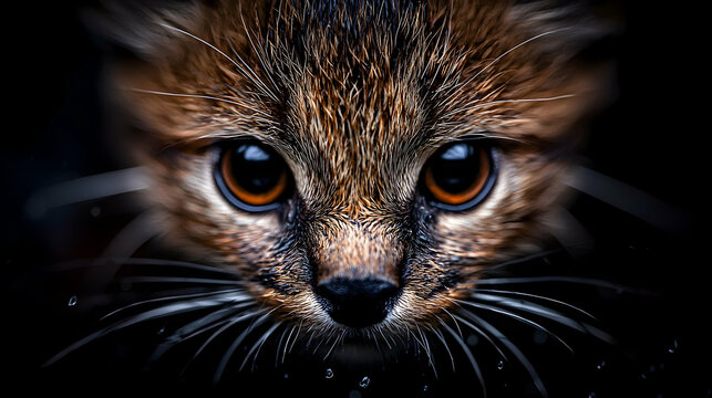 Close-up of a Rusty-spotted Cat, intense gaze, dark background