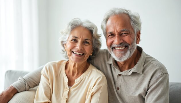 Portrait of happy senior indian couple. Elderly man, woman with grey hair smiling, sitting together. Husband and wife embrace, enjoy retirement, healthy lifestyle, strong relationships, family love. - Powered by Adobe