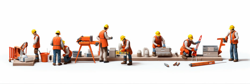 A 3D illustration of a construction worker wearing a helmet, with red and yellow abstract lines in the background, symbolizing teamwork and repair work