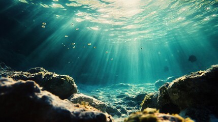 Fototapeta premium Sunbeams illuminate underwater ocean floor, rocks, and small fish.