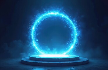 Magic gate with blue light swirl on dark background. Bright round teleport podium on stone steps. Fantasy game portal. Sci-fi, space travel, mystery, science themes.