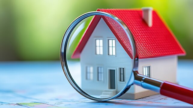 Close up view of a miniature house model with a red roof, examined through a magnifying glass, resting on a map. The background is blurred, showing