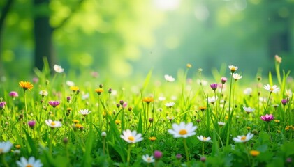 Wide shot of a lush green meadow filled with a carpet of blooming wildflowers, spring, green