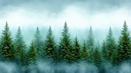 Fototapeta premium A serene and mysterious scene of a dense evergreen forest, enveloped in a thick fog. Tall pine trees dominate the landscape, creating a dark and