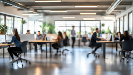 Blurred people working in a clear modern office open space, workplace teamwork