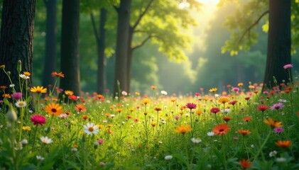 Obraz premium Wildflowers sway gently in the breeze amidst tall trees, forest flowers, gentle breeze