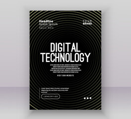 Gold black gradient technology digital cover connect template, abstract cyber nano information communication, innovation future tech data, internet network connection, Ai big data line illustration