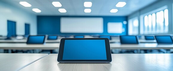 Tablet on desk in a modern classroom.