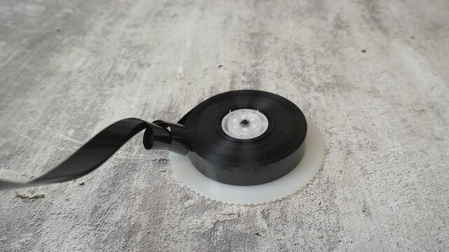 The unwound cassette tape is nostalgic for the original era. A video with an untwisted cassette film rotating freely on a surface.