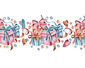 Seamless watercolor border. Hand drawn gift boxes with bows, ribbons, confetti, hearts, stars isolated on background. Gift, holiday decoration.