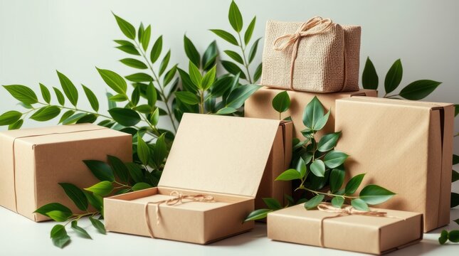 Eco-friendly gifts: Brown paper packages tied with string adorn a scene filled with lush green leaves.