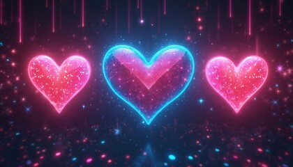 Three neon hearts glow on dark dotted background. Pixelated retro video game style love symbols for Valentines day, romantic greetings, tech or digital art.