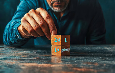 A focused individual arranges priority blocks, emphasizing the importance of ranking tasks effectively.