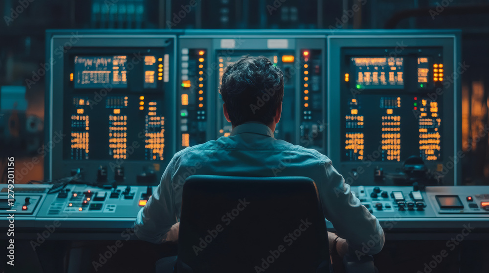 Poster Industrial engineer monitoring and controlling production process in factory control room with computer screens and control panel