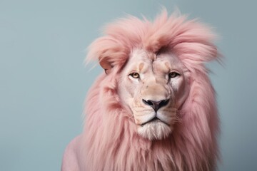 Majestic white lion with pink dyed mane against light blue background. Creative animal art photography. Modern minimal style wildlife portrait with copy space