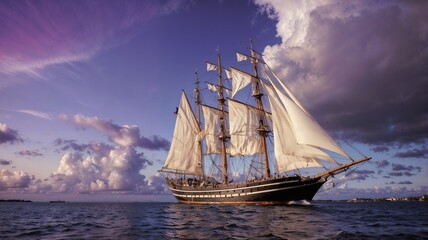Obraz premium Purple Sky with White Clouds and a Tall-Masted Sailing Ship