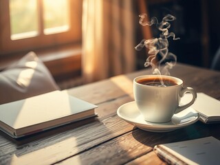 Steaming cup of coffee on rustic wooden table next to open planner in morning sunlight, cozy atmosphere, sunlight, rustic, cozy