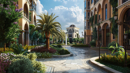 Fototapeta premium serene urban landscape featuring palm trees, vibrant flowers, and elegant architecture. sunlit pathway invites exploration and relaxation