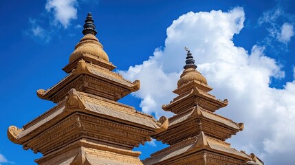 Fototapeta premium Low angle view of two ornate, tiered stone structures against a vibrant blue sky with fluffy white clouds. The structures are light brown, with
