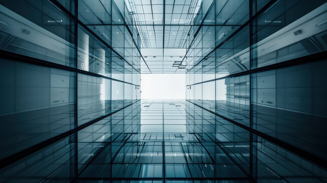 modern glass building viewed from below, showcasing its sleek architecture and reflective surfaces - Powered by Adobe